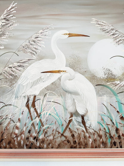 Vintage A. Maley "White Heron Moonlight Love" Painting