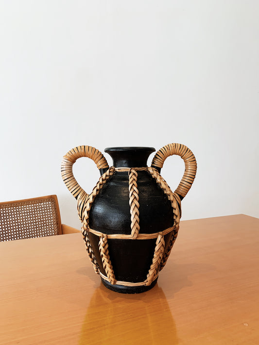 Vintage Black & Rattan Urn