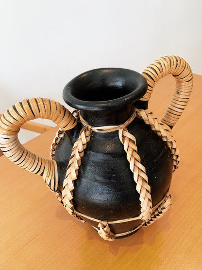 Vintage Black & Rattan Urn