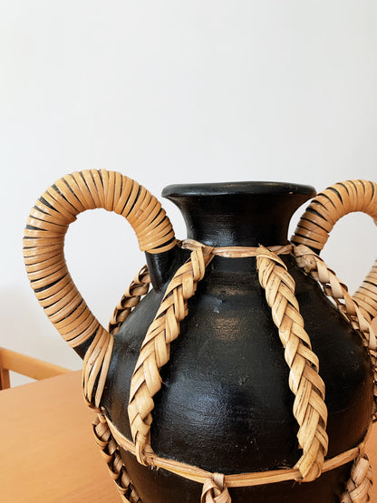 Vintage Black & Rattan Urn