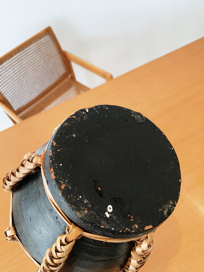 Vintage Black & Rattan Urn