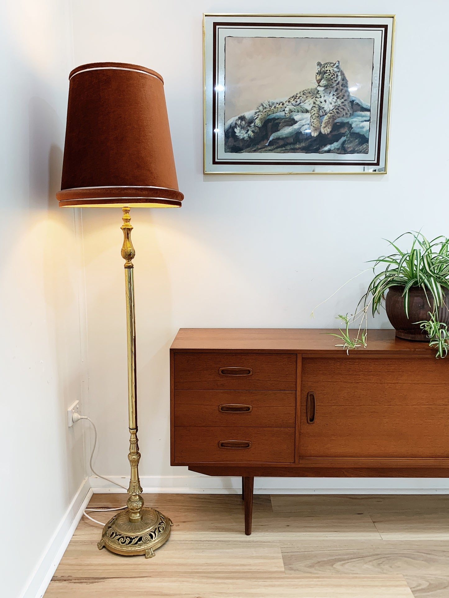 Brass Floor Lamp & Rust Velour Shade