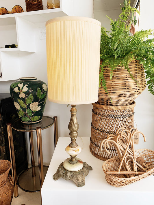 Vintage Brass & Marble Table Lamp w/ Cream Ruffled Drum Shade