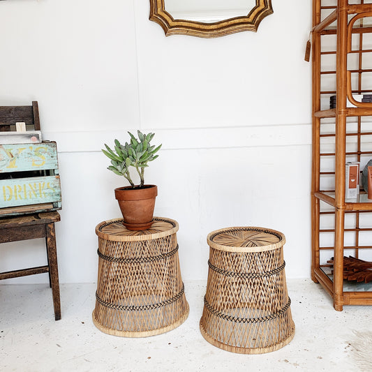 Vintage Cane Peacock Nesting Side Tables / Planters