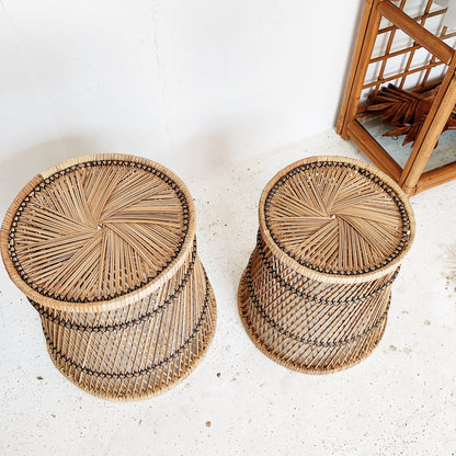 Vintage Cane Peacock Nesting Side Tables / Planters