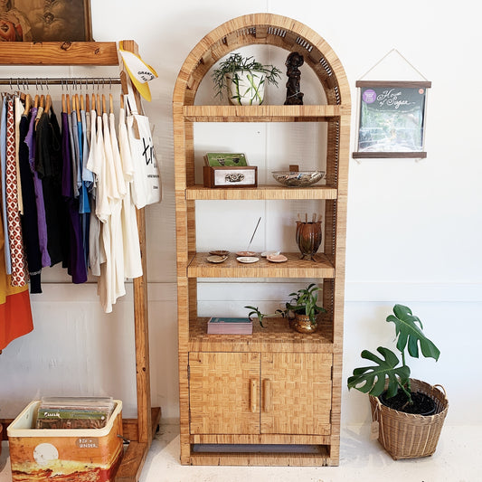 Vintage Cane Weave Arch Top Bookshelf