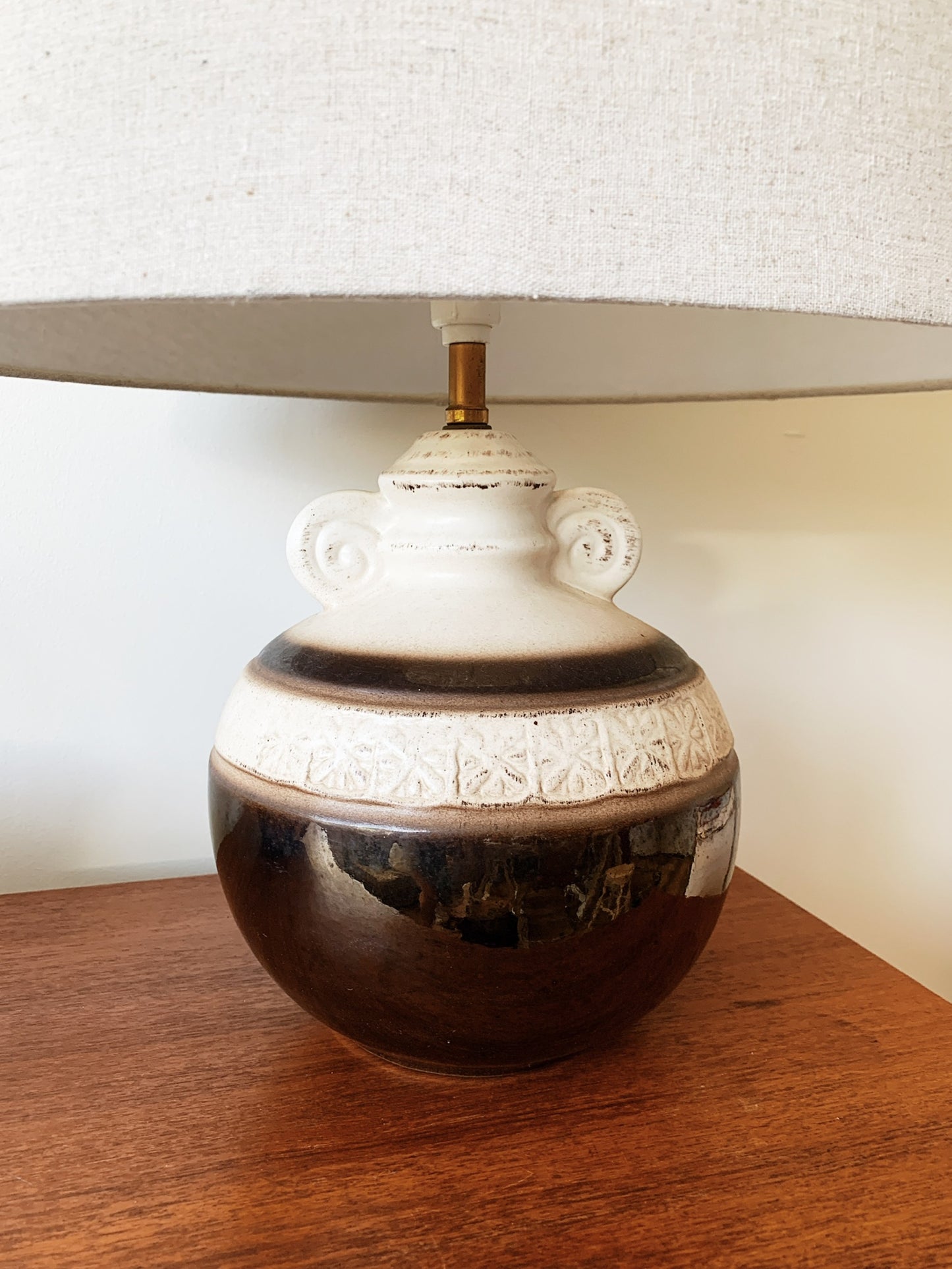 Vintage Ceramic Oil Glaze Potbelly Lamp & Linen Shade