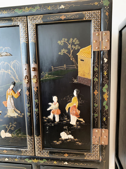 Vintage Chinoiserie Black Lacquered Cabinet (2 available)