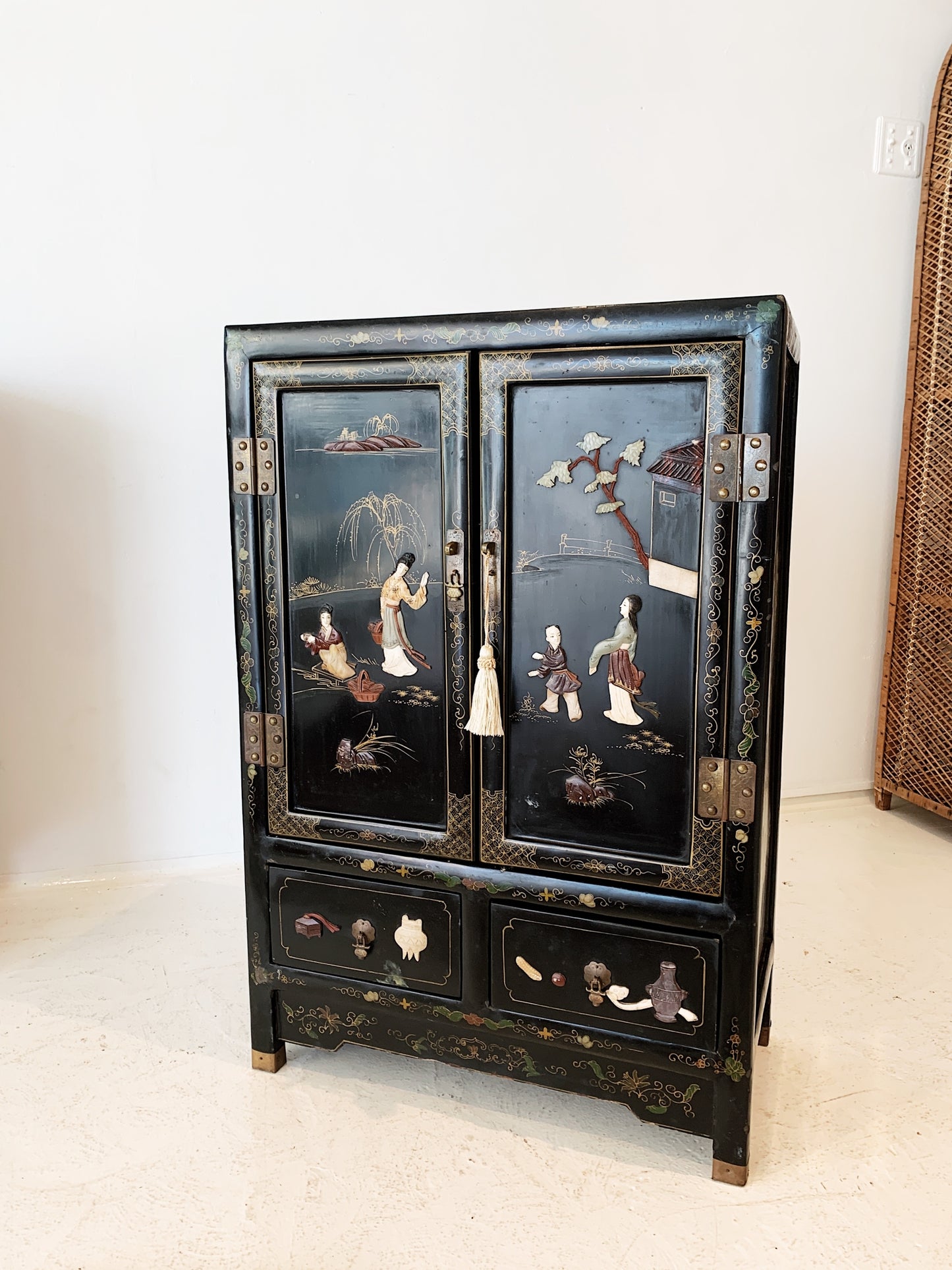 Vintage Chinoiserie Black Lacquered Cabinet (2 available)