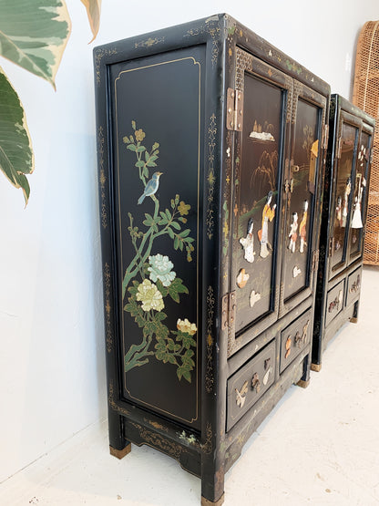Vintage Chinoiserie Black Lacquered Cabinet (2 available)