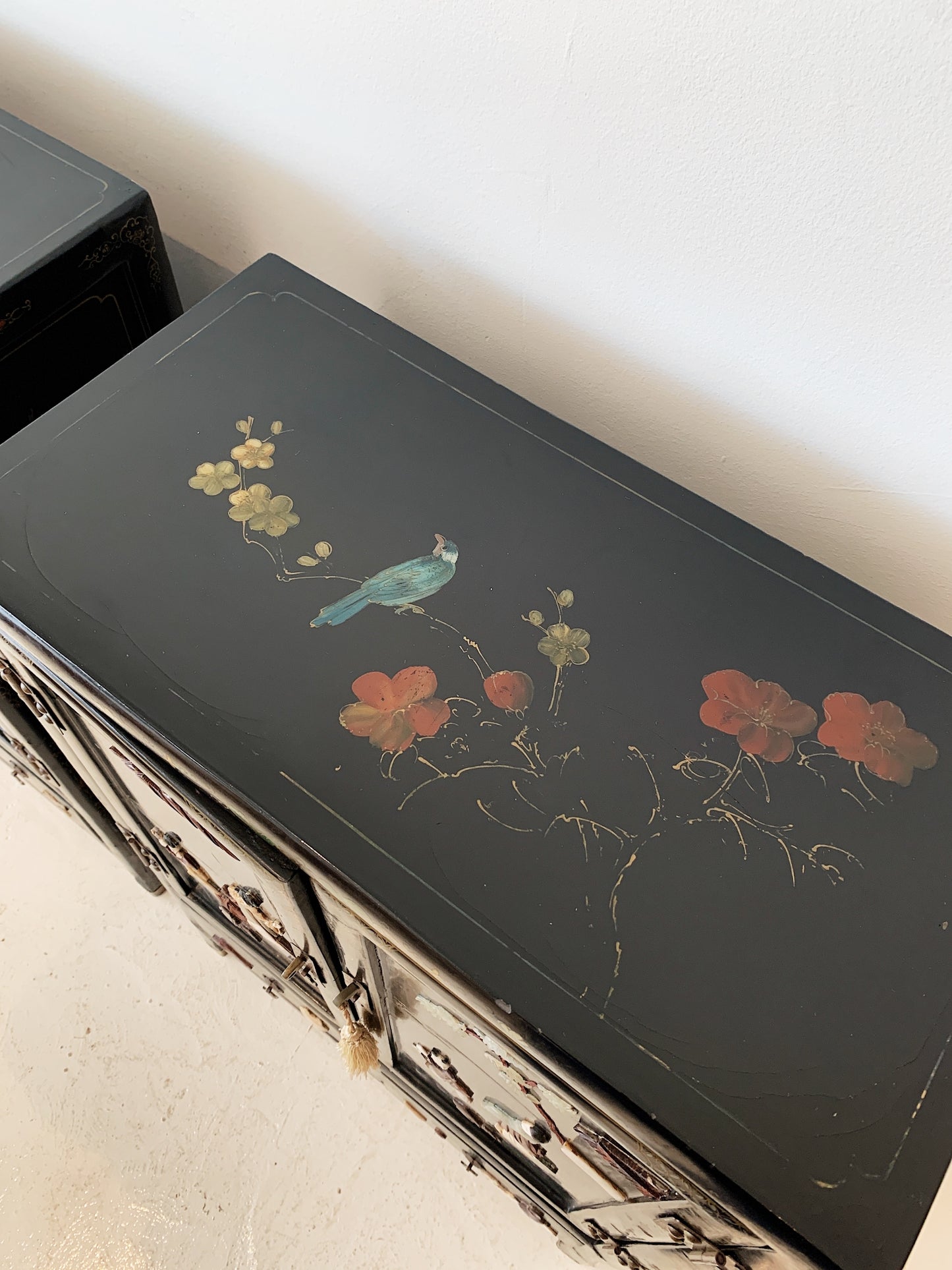 Vintage Chinoiserie Black Lacquered Cabinet (2 available)