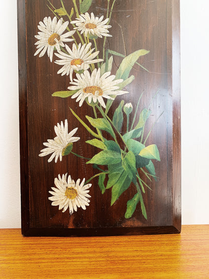 Vintage Folk Art Daisies Oil On Wood
