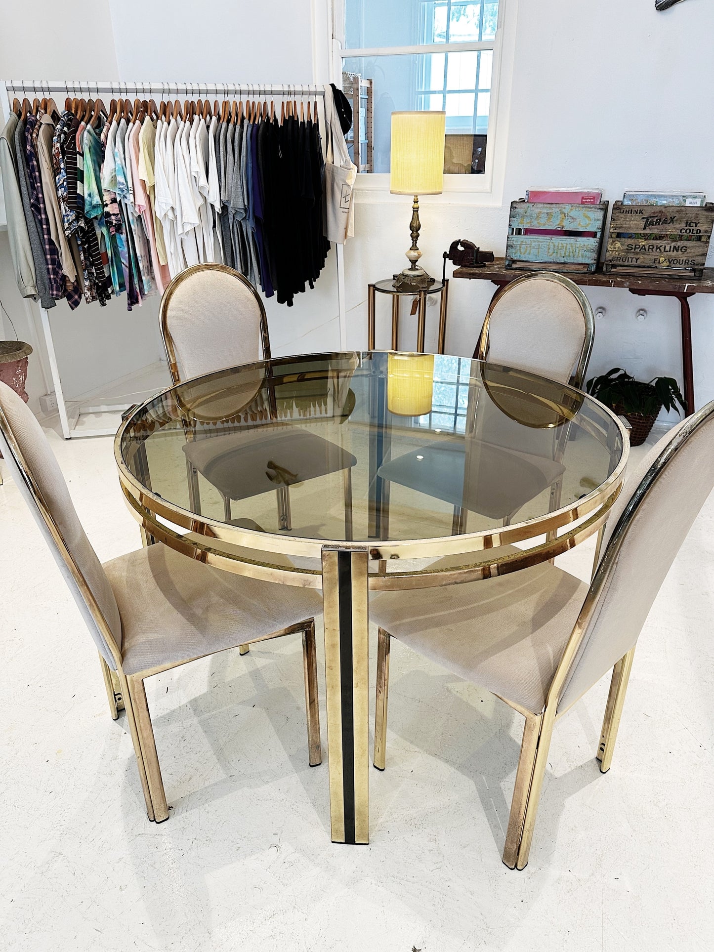 Vintage Gold Faux-Brass & Velour Dining Table Set