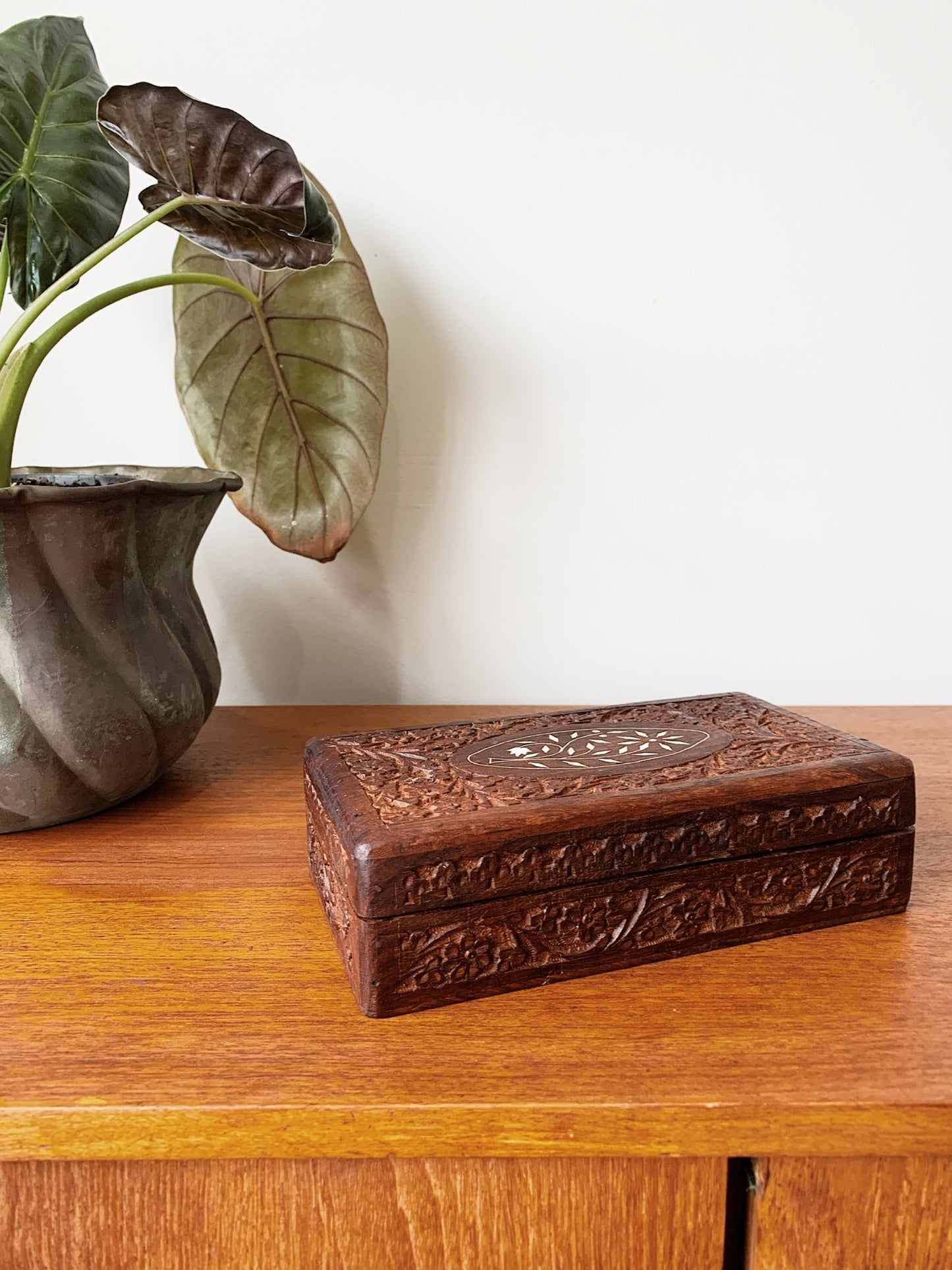 Vintage Hand-Carved Trinket Box With Pearl Inlay