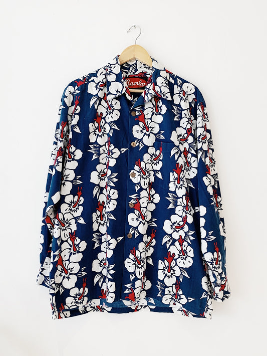 Vintage Mambo Hibiscus Hands '90s Corduroy Fabric Print LS Shirt