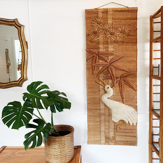 Vintage Meher White Crane Jute Wall Hanging