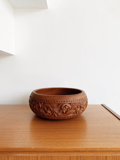 Vintage Ornate Carved Wooden Serving Bowl