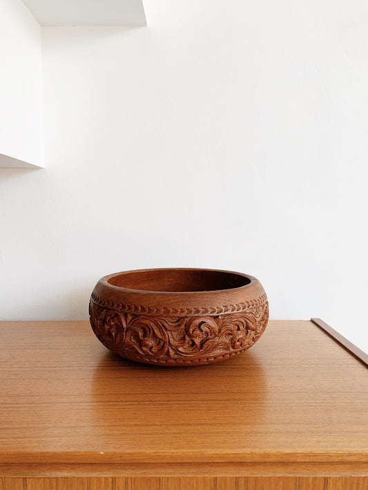 Vintage Ornate Carved Wooden Serving Bowl