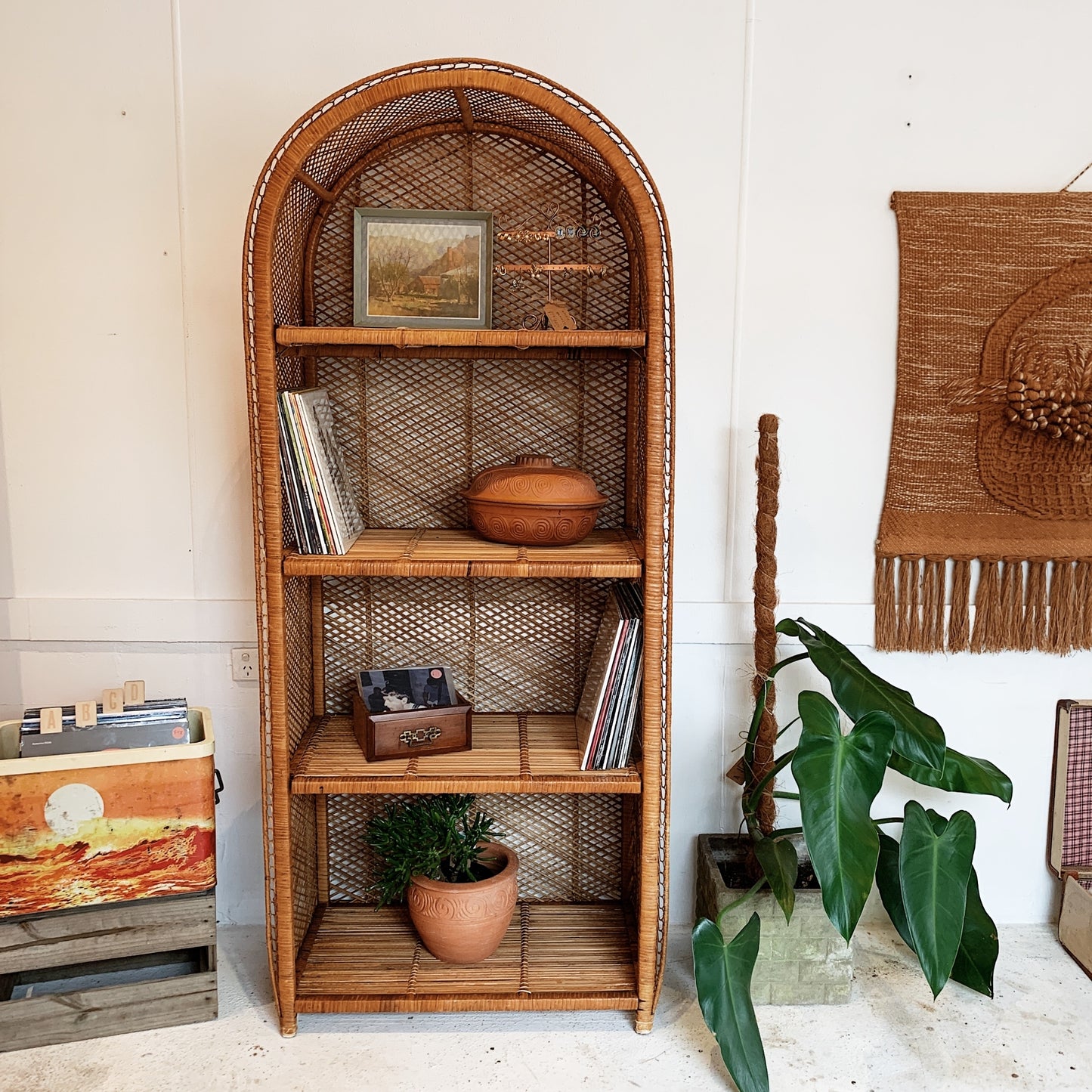 Vintage Cane Peacock Shelf Tower
