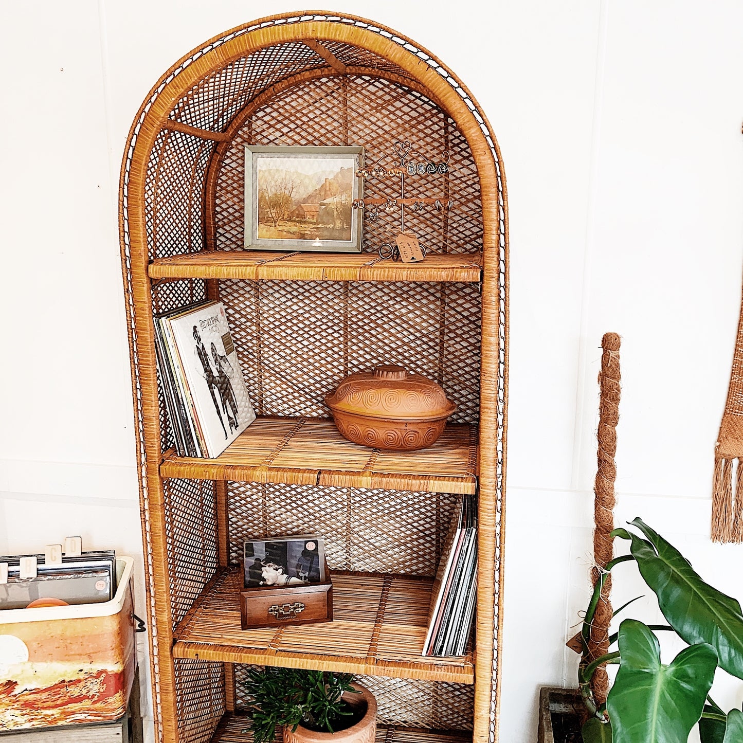Vintage Cane Peacock Shelf Tower