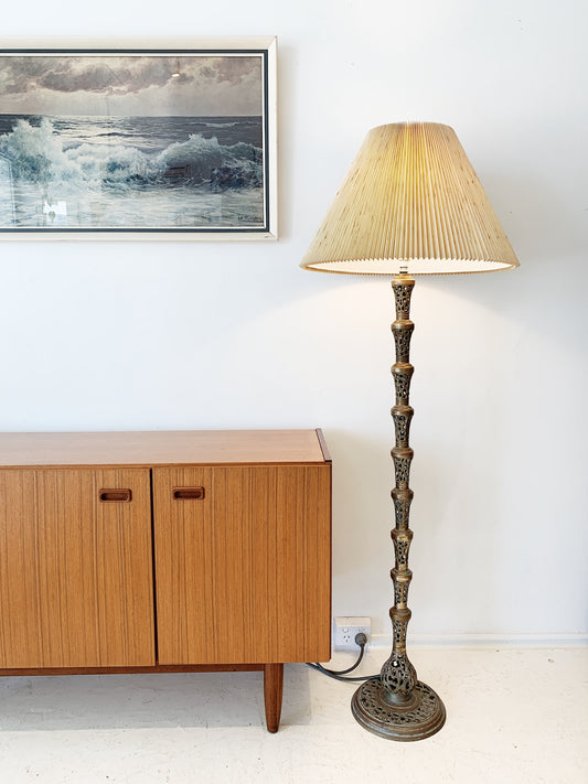Vintage Pierced Brass Floor Lamp w/ Mottled Cream Pleated Shade