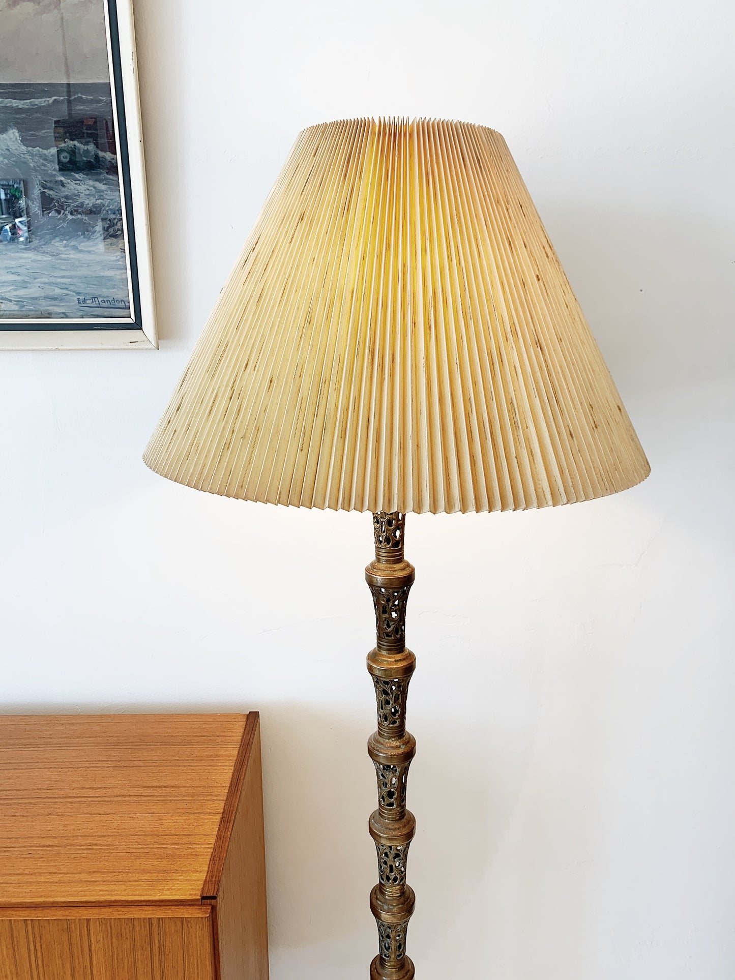 Vintage Pierced Brass Floor Lamp w/ Mottled Cream Pleated Shade