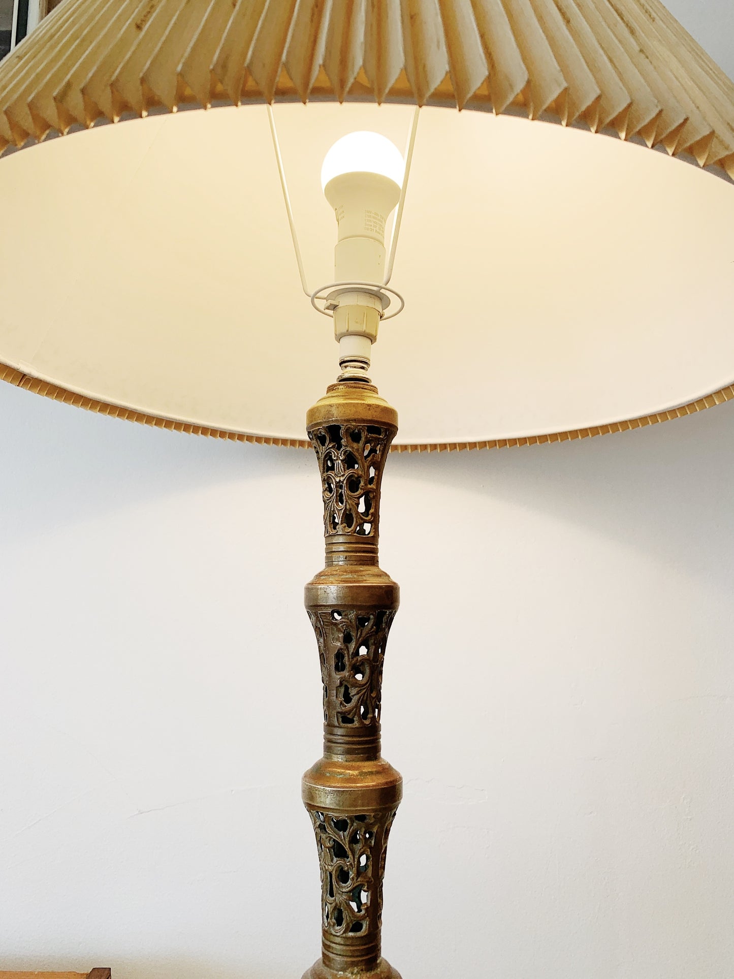 Vintage Pierced Brass Floor Lamp w/ Mottled Cream Pleated Shade