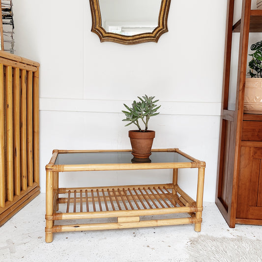 Vintage Rattan Coffee Table with Dark Smoked Glass Top