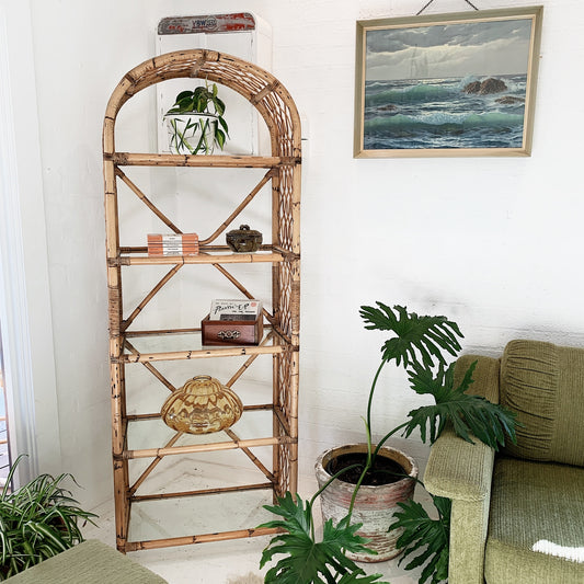 Vintage Rattan Cross Hatch Shelf Tower