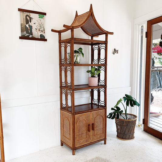 Vintage Rattan & Webbed Cane Temple Top Wall Unit