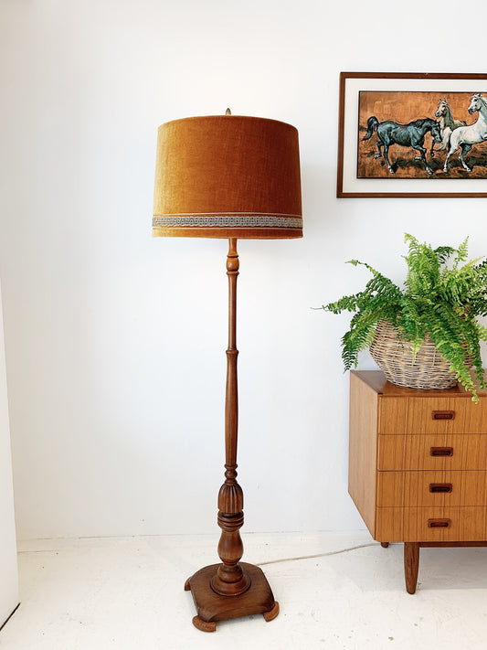 Vintage Turned Wood Floor Lamp w/ Golden Velvet Lamp Shade