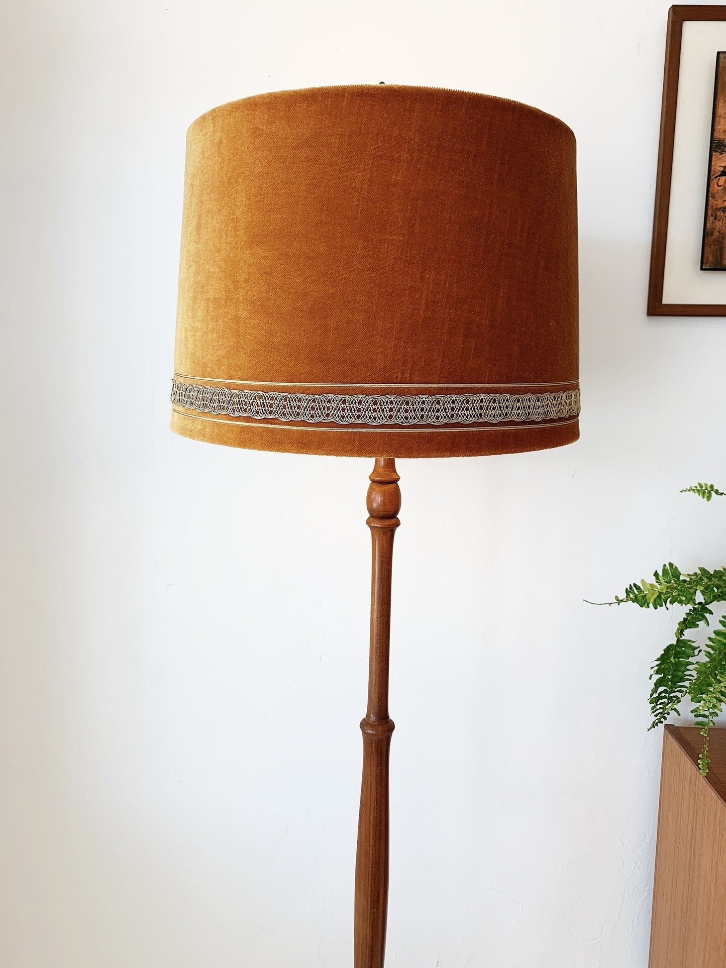 Vintage Turned Wood Floor Lamp w/ Golden Velvet Lamp Shade