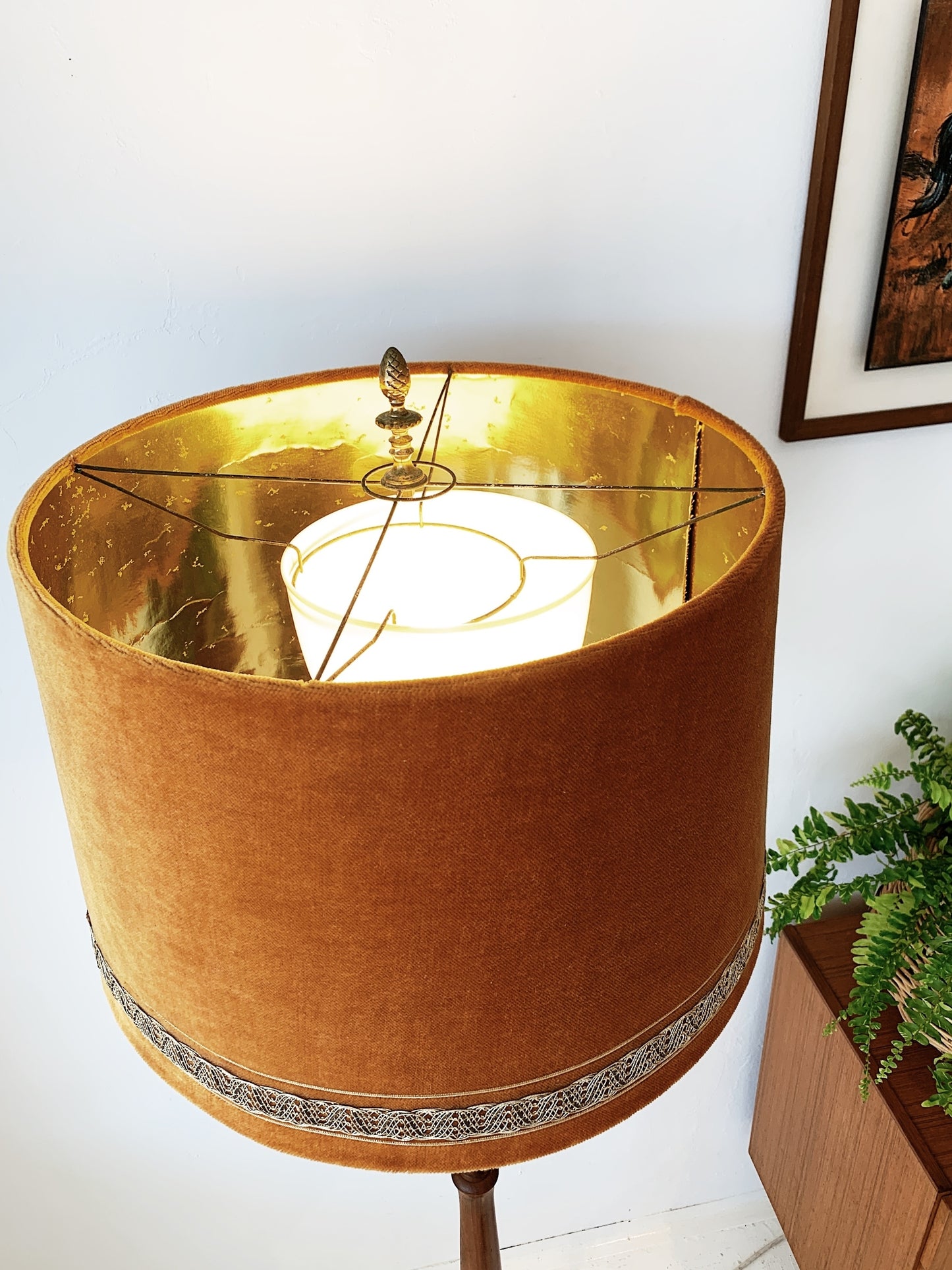 Vintage Turned Wood Floor Lamp w/ Golden Velvet Lamp Shade