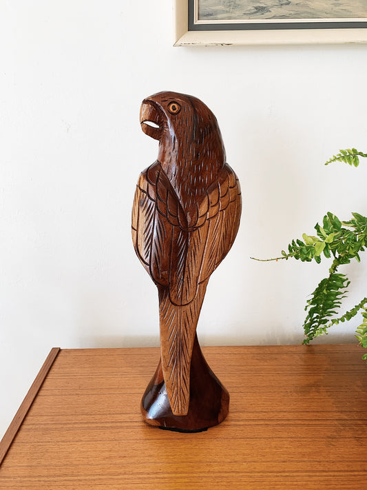 Vintage Hand Carved Wooden Parrot Statue